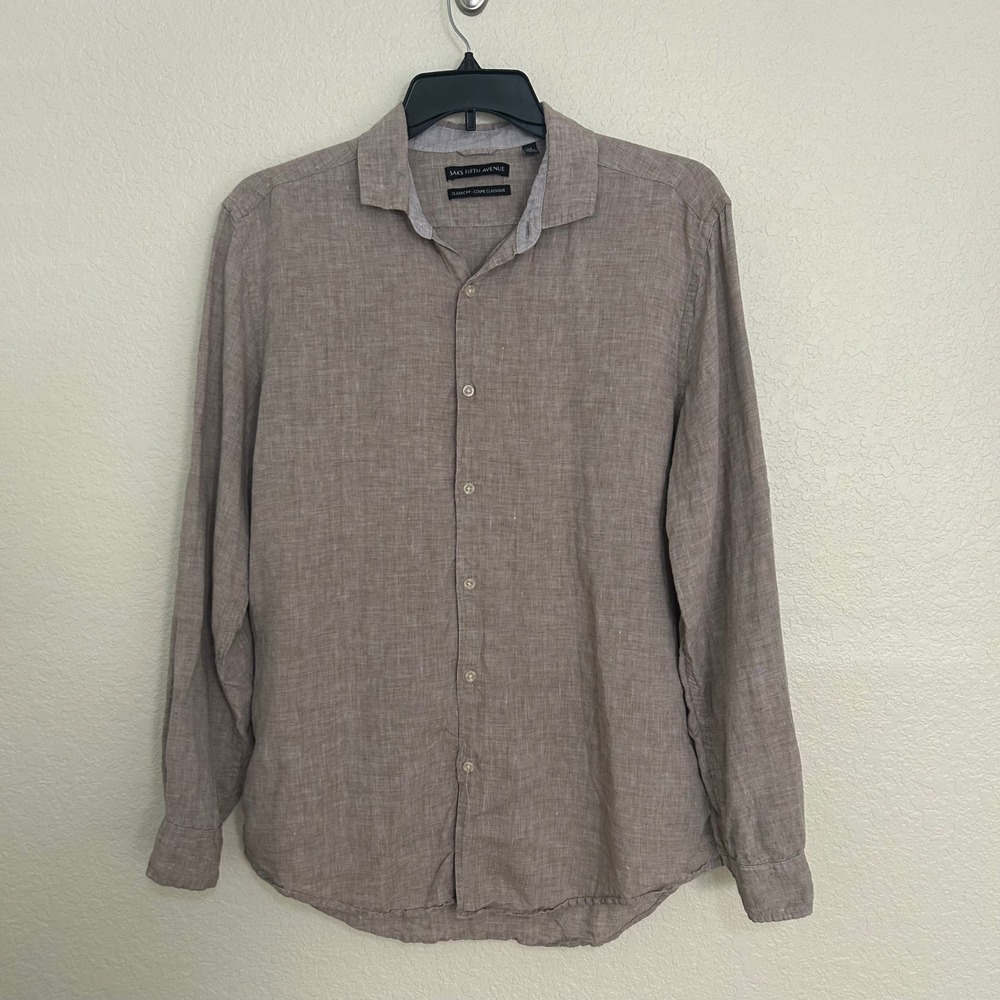 Saks Fifth Avenue Mens 100% Linen Long Sleeve Button Down Shirt Taupe Large